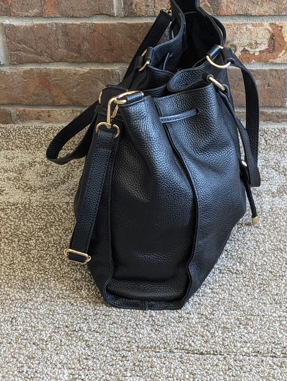 Laggo Taylor Tote Shoulder Bag Black Pebbled Leather Drawstring Satchel Purse